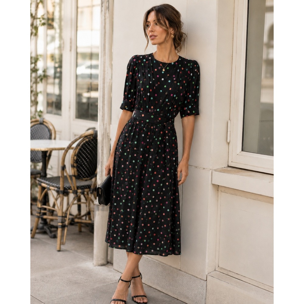 Francesca of Damon for Starington Dress VTG Black Polka Dot Belted‎ Sz 10
